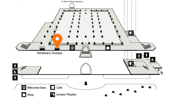 Map showing that the presenting case is just to the left, next to the help desk, as you enter the Oxford Natural History Museum through the main door.