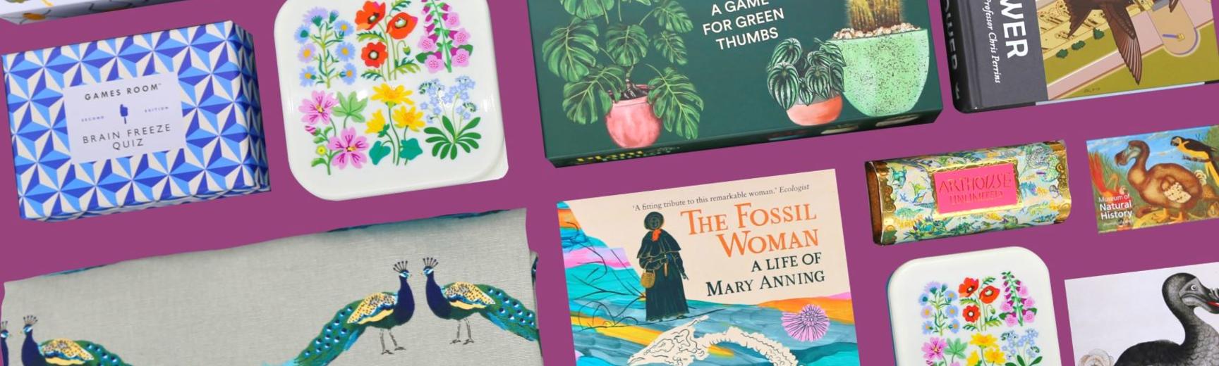 A selection of products available at the Museum shop including board games, books, clothes and more