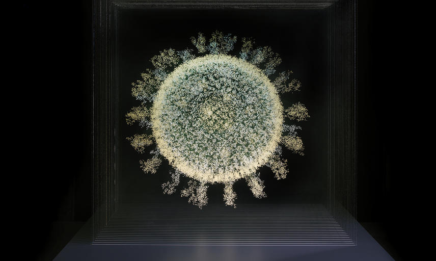 A glowing particle sphere etched in glass against a dark background