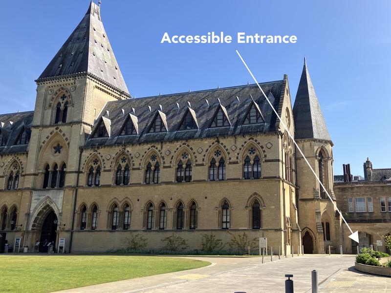 The front of the Museum with the accessible entrance indicated by an arrow